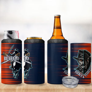 Buffalo Soldiers Fierce And Fearless Cavalry 4 in 1 Can Cooler Tumbler Half Face Soldier And Bison Halftone Graphic Art