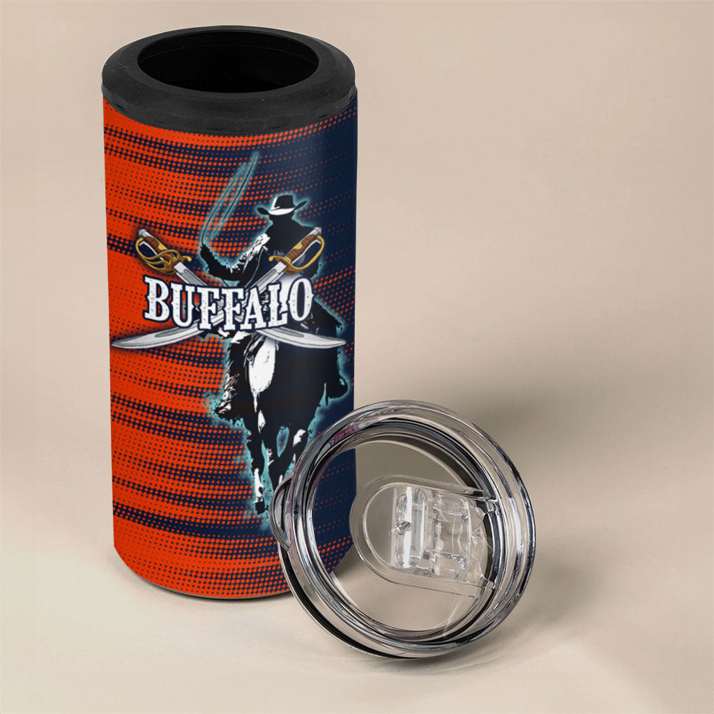 Buffalo Soldiers Fierce And Fearless Cavalry 4 in 1 Can Cooler Tumbler Half Face Soldier And Bison Halftone Graphic Art