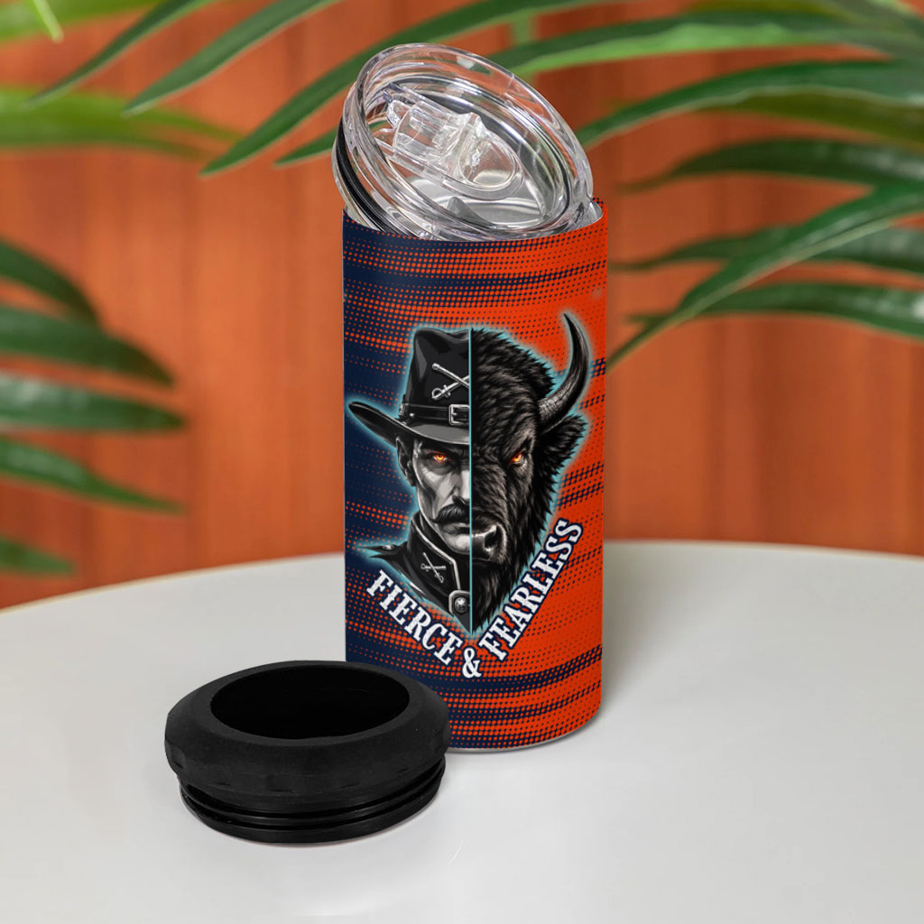 Buffalo Soldiers Fierce And Fearless Cavalry 4 in 1 Can Cooler Tumbler Half Face Soldier And Bison Halftone Graphic Art