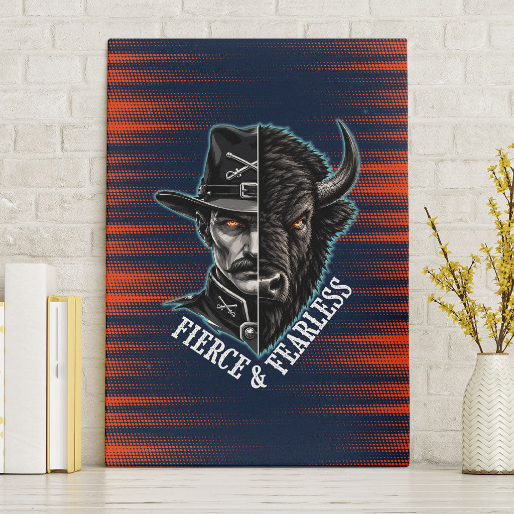 Buffalo Soldiers Fierce And Fearless Cavalry Canvas Wall Art Half Face Soldier And Bison Halftone Graphic Art