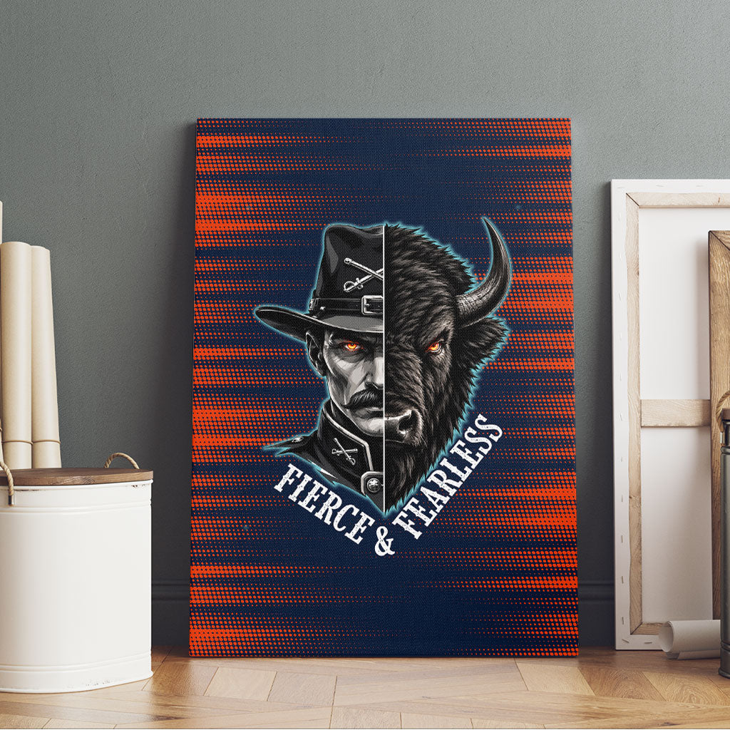 Buffalo Soldiers Fierce And Fearless Cavalry Canvas Wall Art Half Face Soldier And Bison Halftone Graphic Art
