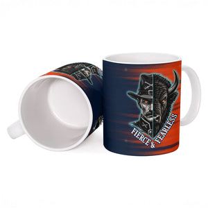 Buffalo Soldiers Fierce And Fearless Cavalry Ceramic Mug Half Face Soldier And Bison Halftone Graphic Art