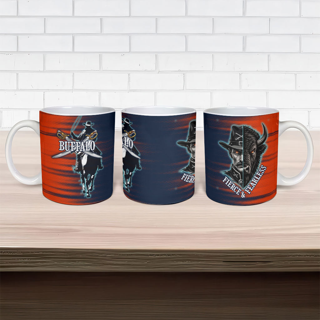 Buffalo Soldiers Fierce And Fearless Cavalry Ceramic Mug Half Face Soldier And Bison Halftone Graphic Art