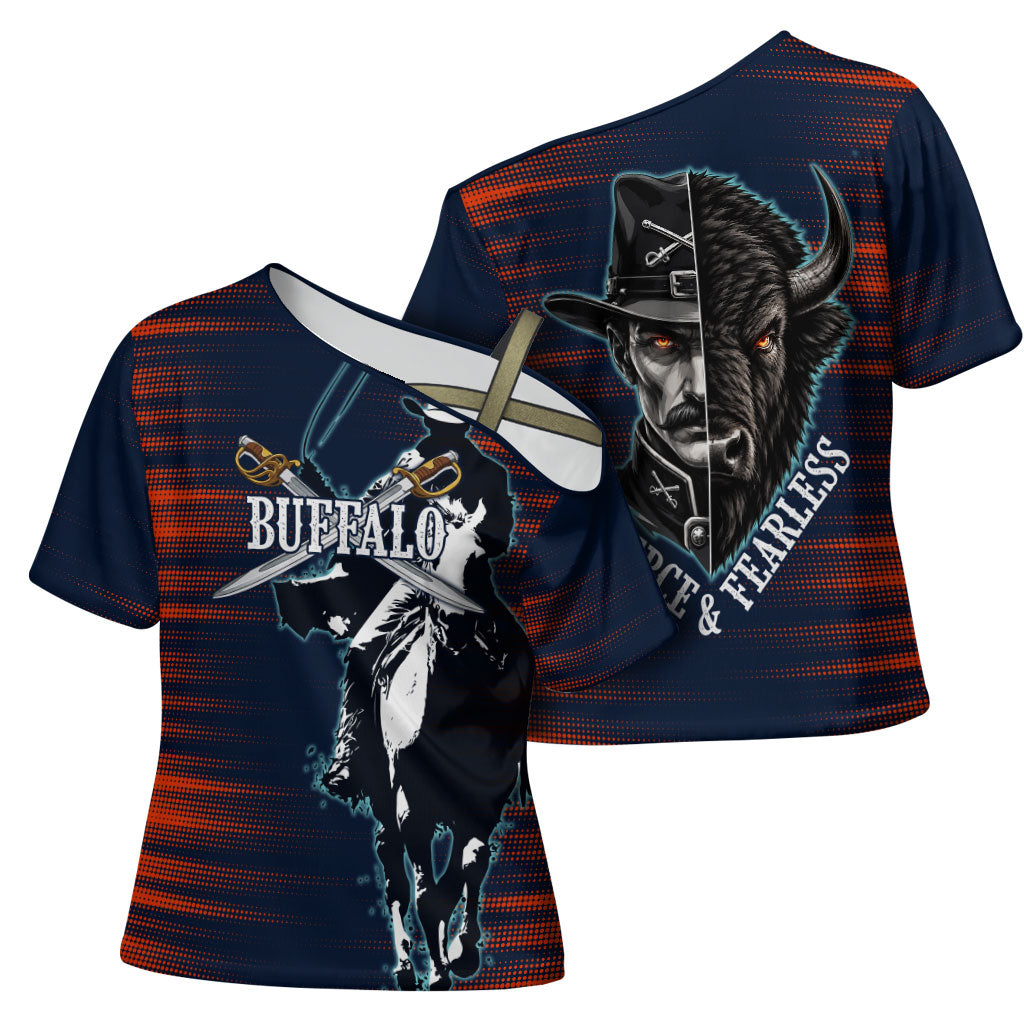 Buffalo Soldiers Fierce And Fearless Cavalry Cross Shoulder Shirt Half Face Soldier And Bison Halftone Graphic Art