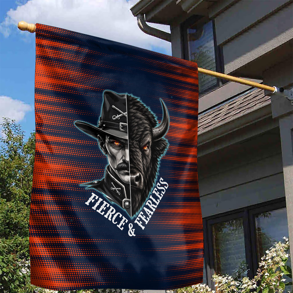 Buffalo Soldiers Fierce And Fearless Cavalry Garden Flag Half Face Soldier And Bison Halftone Graphic Art