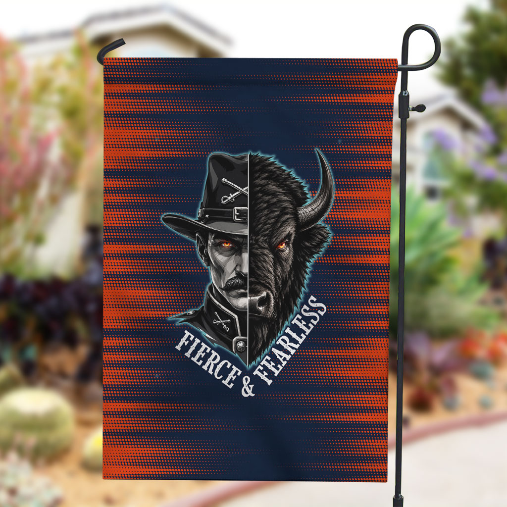 Buffalo Soldiers Fierce And Fearless Cavalry Garden Flag Half Face Soldier And Bison Halftone Graphic Art