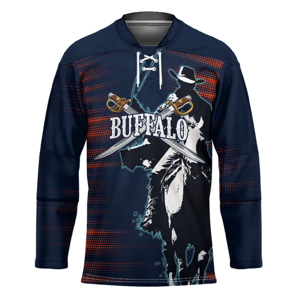 Buffalo Soldiers Fierce And Fearless Cavalry Hockey Jersey Half Face Soldier And Bison Halftone Graphic Art