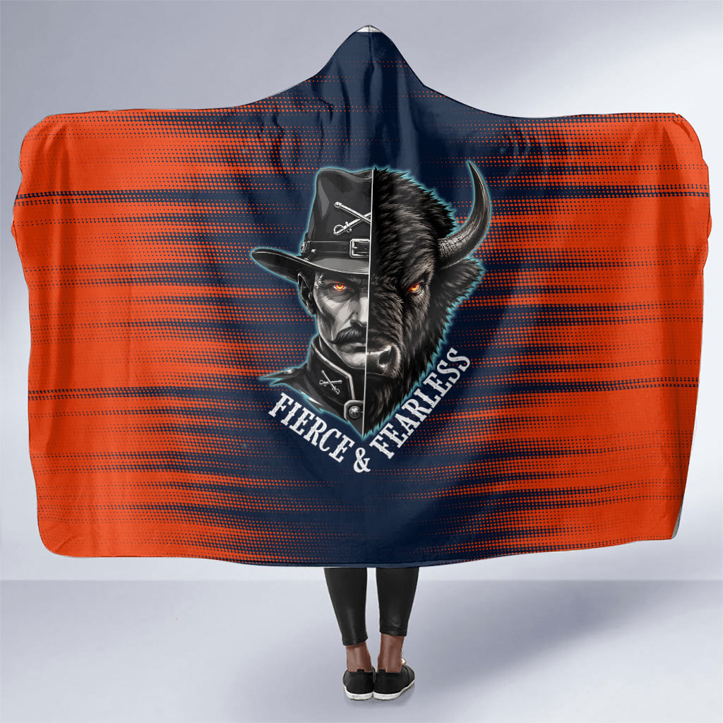 Buffalo Soldiers Fierce And Fearless Cavalry Hooded Blanket Half Face Soldier And Bison Halftone Graphic Art