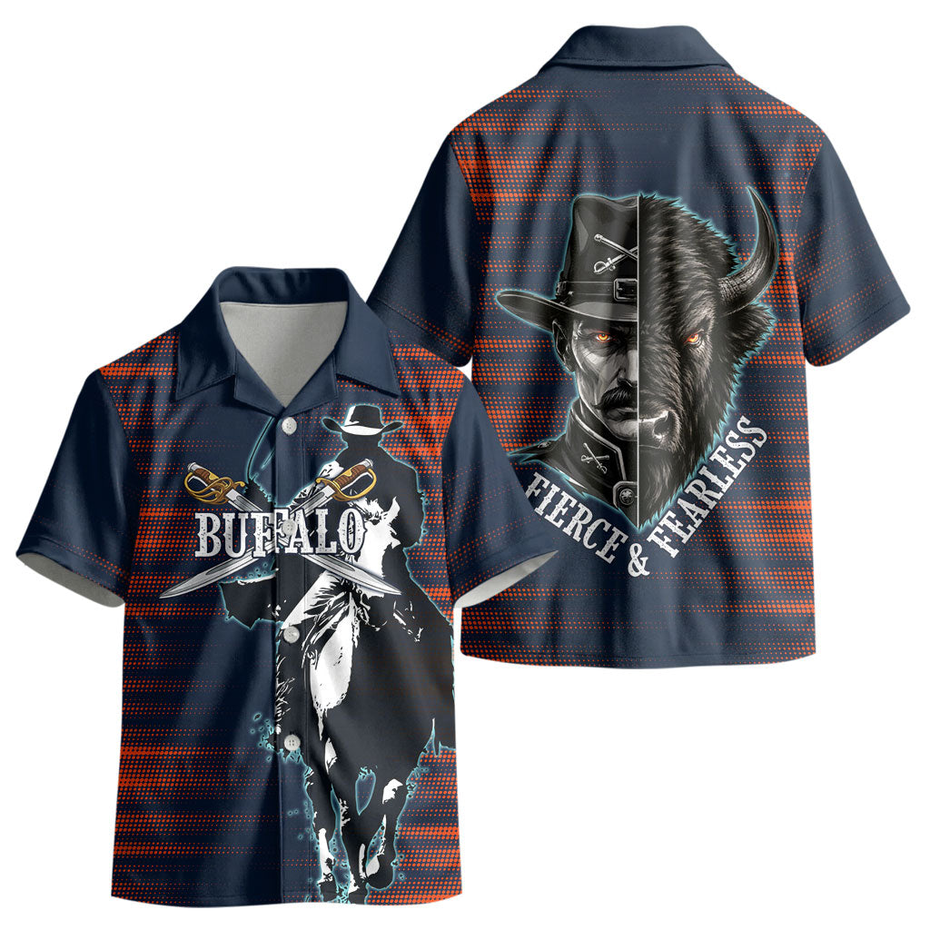 Buffalo Soldiers Fierce And Fearless Cavalry Kid Hawaiian Shirt Half Face Soldier And Bison Halftone Graphic Art