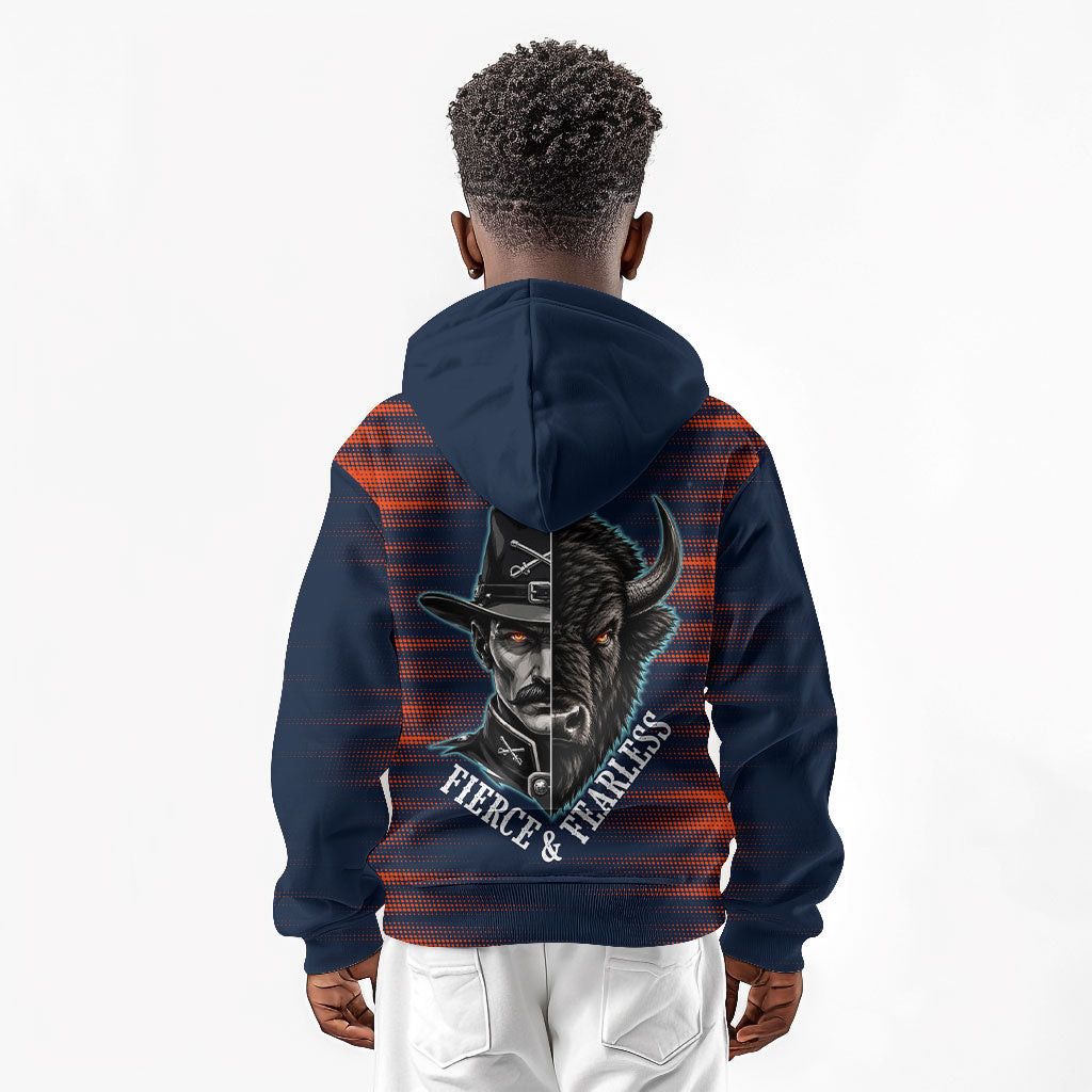 Buffalo Soldiers Fierce And Fearless Cavalry Kid Hoodie Half Face Soldier And Bison Halftone Graphic Art