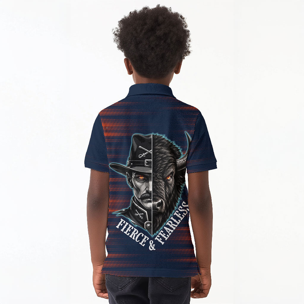 Buffalo Soldiers Fierce And Fearless Cavalry Kid Polo Shirt Half Face Soldier And Bison Halftone Graphic Art