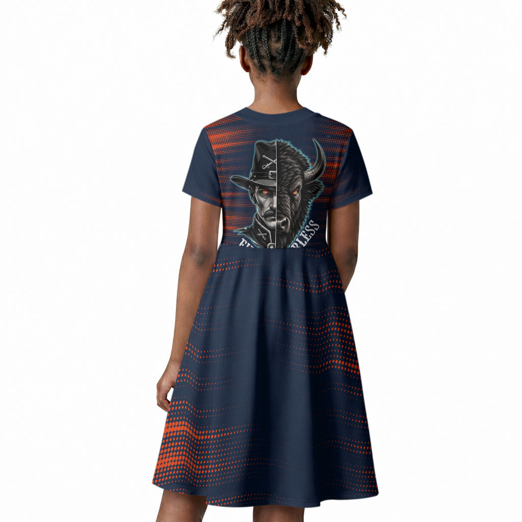 Buffalo Soldiers Fierce And Fearless Cavalry Kid Short Sleeve Dress Half Face Soldier And Bison Halftone Graphic Art