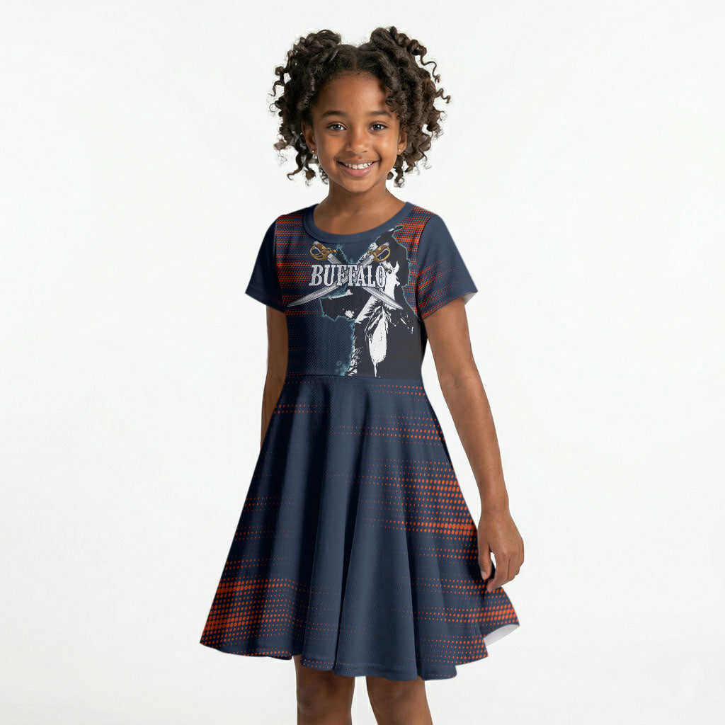 Buffalo Soldiers Fierce And Fearless Cavalry Kid Short Sleeve Dress Half Face Soldier And Bison Halftone Graphic Art