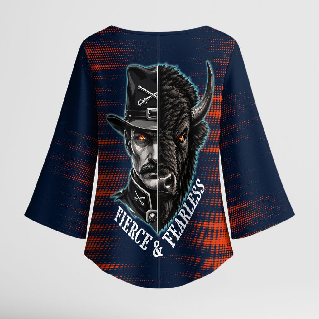 Buffalo Soldiers Fierce And Fearless Cavalry Kimono Sleeve Blouse Half Face Soldier And Bison Halftone Graphic Art