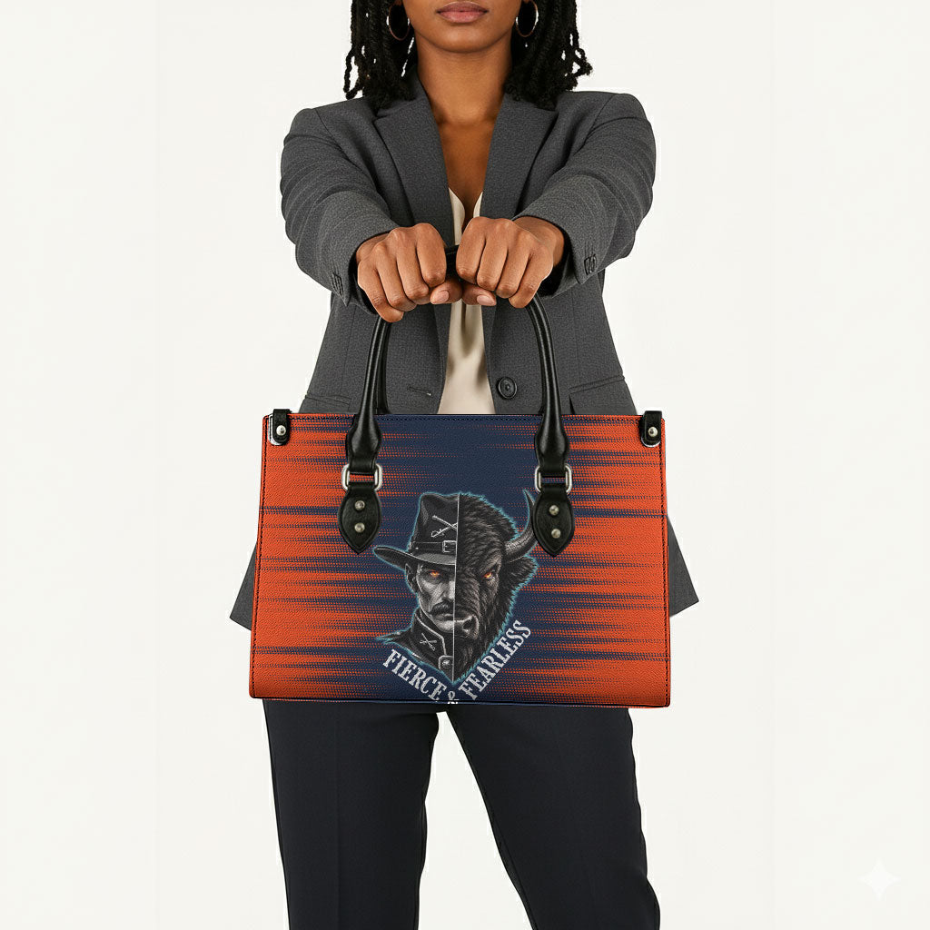 Buffalo Soldiers Fierce And Fearless Cavalry Leather Bag Half Face Soldier And Bison Halftone Graphic Art