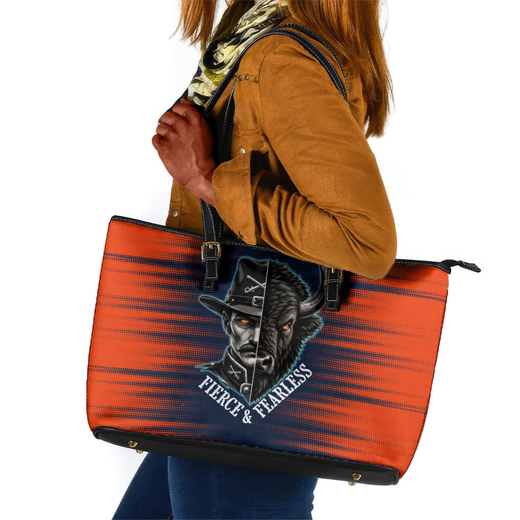 Buffalo Soldiers Fierce And Fearless Cavalry Leather Tote Bag Half Face Soldier And Bison Halftone Graphic Art