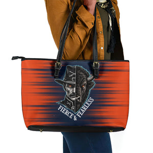 Buffalo Soldiers Fierce And Fearless Cavalry Leather Tote Bag Half Face Soldier And Bison Halftone Graphic Art