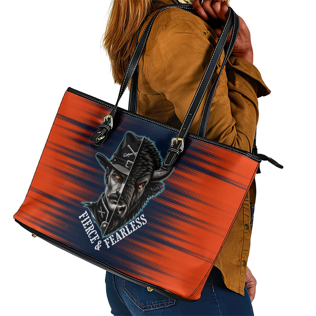 Buffalo Soldiers Fierce And Fearless Cavalry Leather Tote Bag Half Face Soldier And Bison Halftone Graphic Art