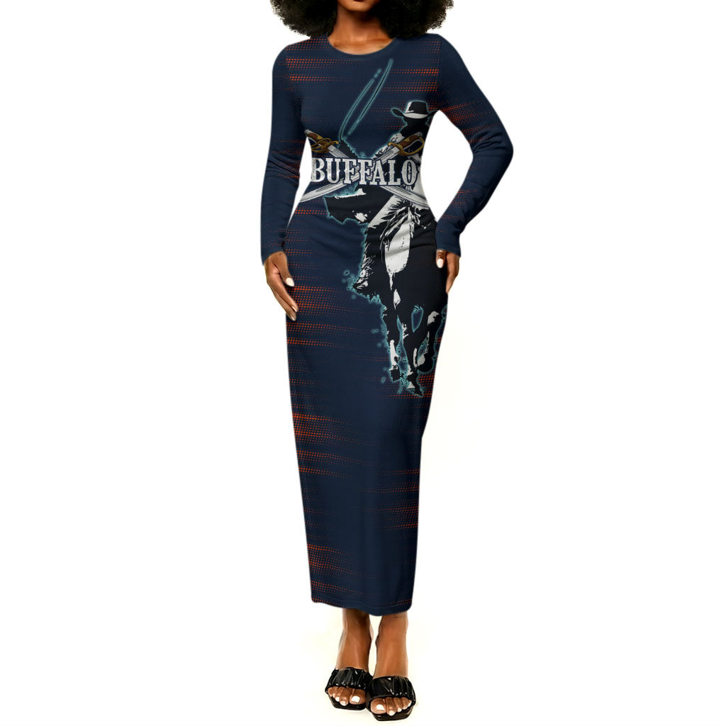 Buffalo Soldiers Fierce And Fearless Cavalry Long Sleeve Bodycon Dress Half Face Soldier And Bison Halftone Graphic Art
