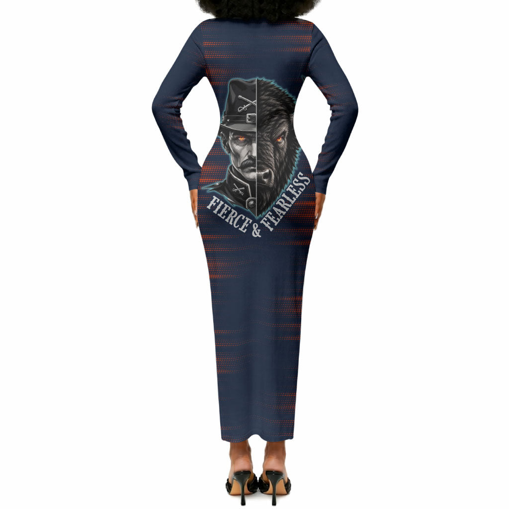 Buffalo Soldiers Fierce And Fearless Cavalry Long Sleeve Bodycon Dress Half Face Soldier And Bison Halftone Graphic Art