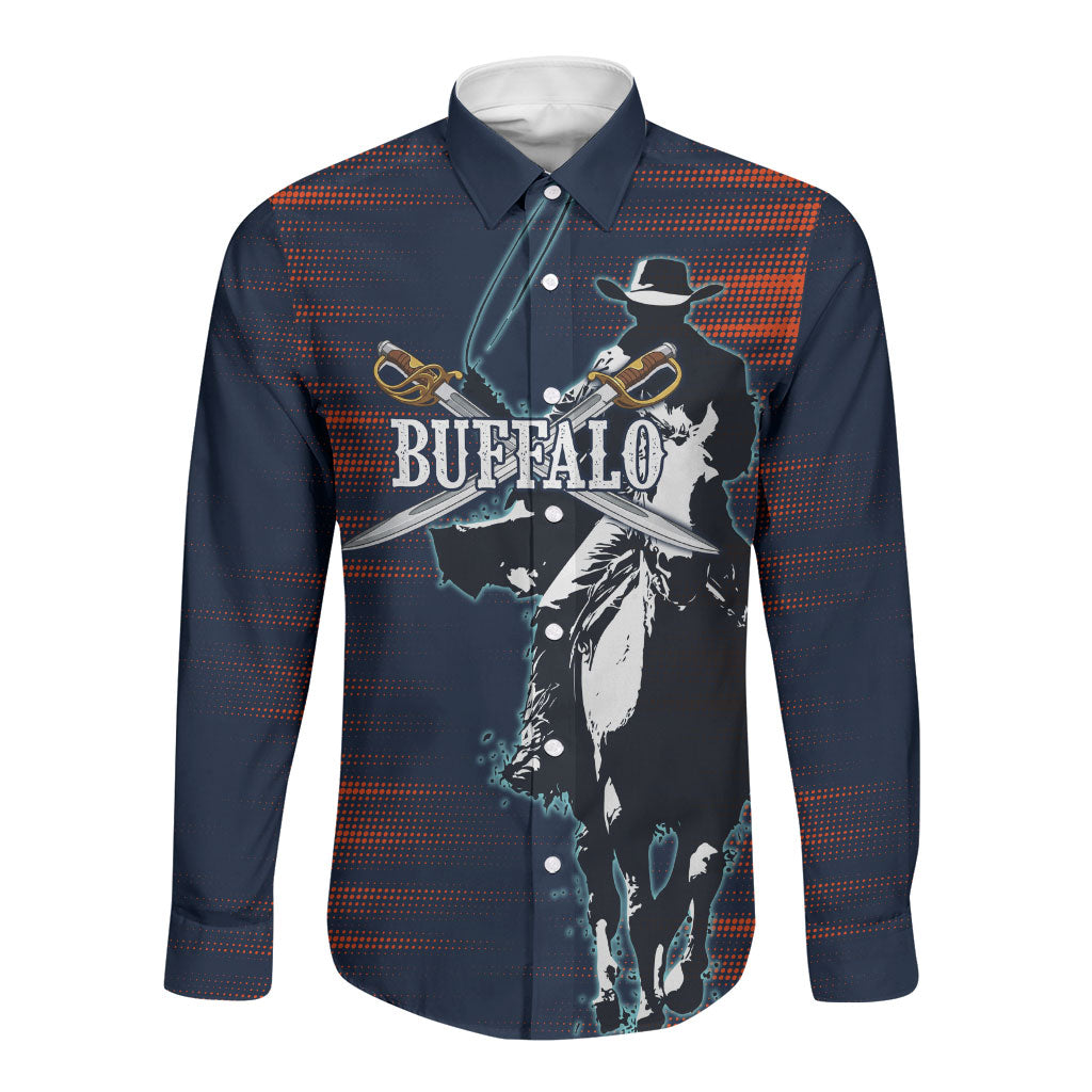 Buffalo Soldiers Fierce And Fearless Cavalry Long Sleeve Button Shirt Half Face Soldier And Bison Halftone Graphic Art