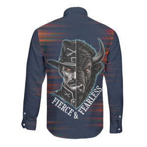 Buffalo Soldiers Fierce And Fearless Cavalry Long Sleeve Button Shirt Half Face Soldier And Bison Halftone Graphic Art