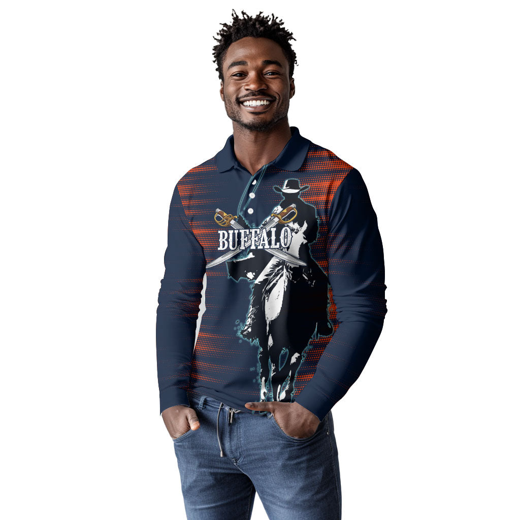 Buffalo Soldiers Fierce And Fearless Cavalry Long Sleeve Polo Shirt Half Face Soldier And Bison Halftone Graphic Art