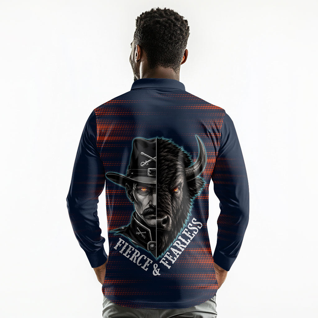 Buffalo Soldiers Fierce And Fearless Cavalry Long Sleeve Polo Shirt Half Face Soldier And Bison Halftone Graphic Art