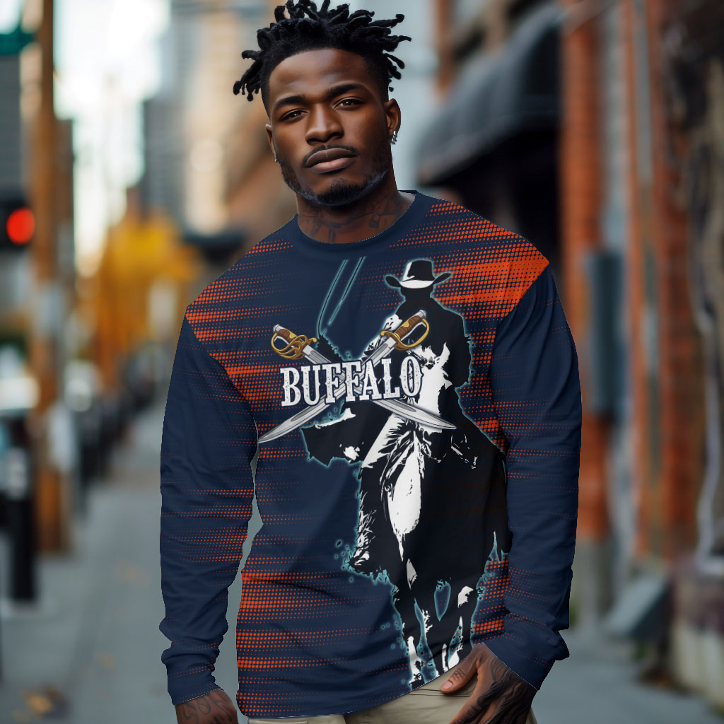 Buffalo Soldiers Fierce And Fearless Cavalry Long Sleeve Shirt Half Face Soldier And Bison Halftone Graphic Art