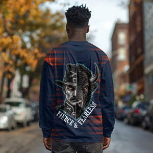 Buffalo Soldiers Fierce And Fearless Cavalry Long Sleeve Shirt Half Face Soldier And Bison Halftone Graphic Art