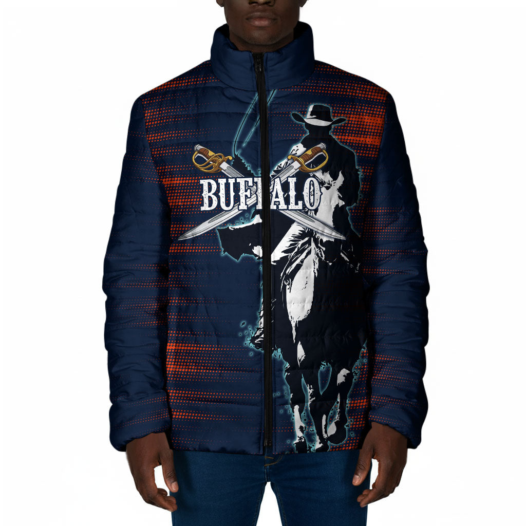 Buffalo Soldiers Fierce And Fearless Cavalry Padded Jacket Half Face Soldier And Bison Halftone Graphic Art