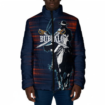 Buffalo Soldiers Fierce And Fearless Cavalry Padded Jacket Half Face Soldier And Bison Halftone Graphic Art