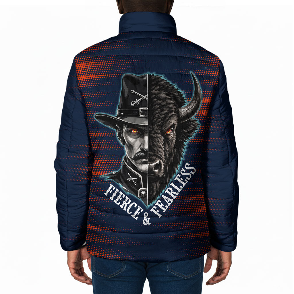 Buffalo Soldiers Fierce And Fearless Cavalry Padded Jacket Half Face Soldier And Bison Halftone Graphic Art