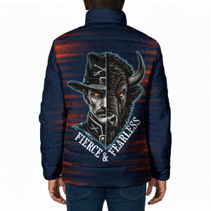 Buffalo Soldiers Fierce And Fearless Cavalry Padded Jacket Half Face Soldier And Bison Halftone Graphic Art