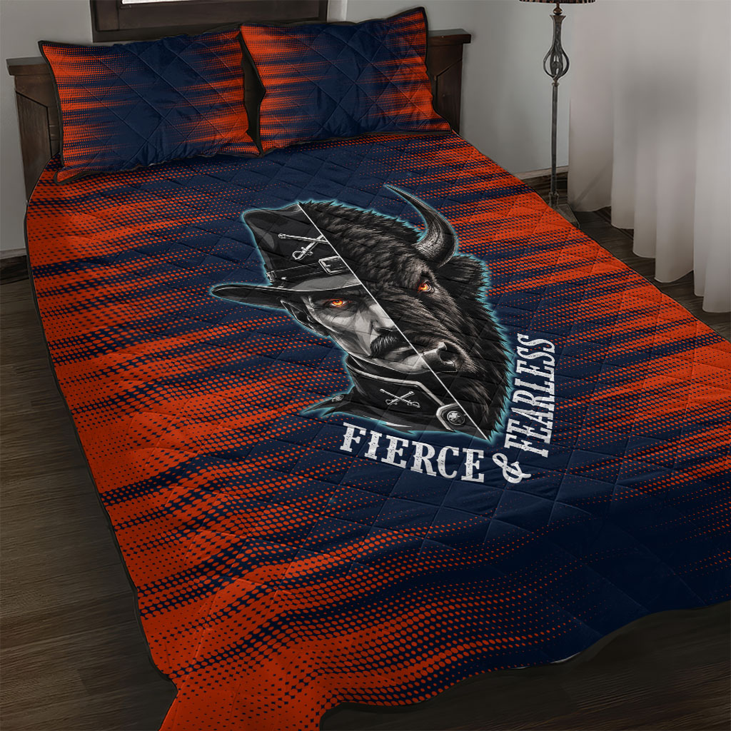 Buffalo Soldiers Fierce And Fearless Cavalry Quilt Bed Set Half Face Soldier And Bison Halftone Graphic Art