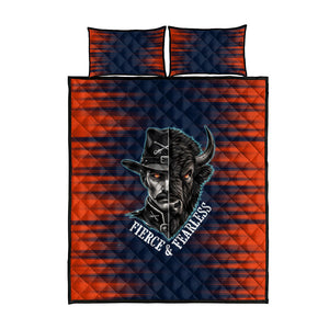 Buffalo Soldiers Fierce And Fearless Cavalry Quilt Bed Set Half Face Soldier And Bison Halftone Graphic Art