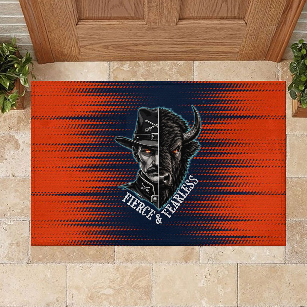 Buffalo Soldiers Fierce And Fearless Cavalry Rubber Doormat Half Face Soldier And Bison Halftone Graphic Art