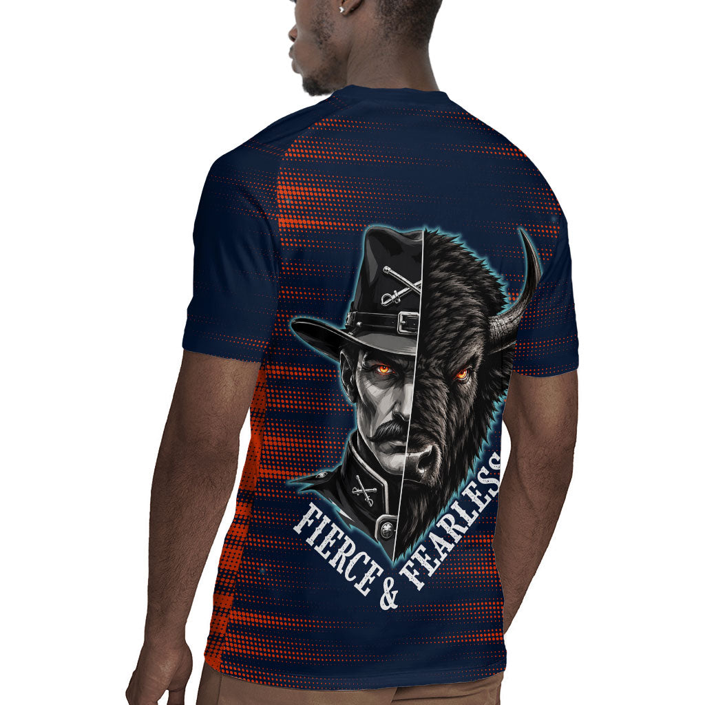 Buffalo Soldiers Fierce And Fearless Cavalry Rugby Jersey Half Face Soldier And Bison Halftone Graphic Art