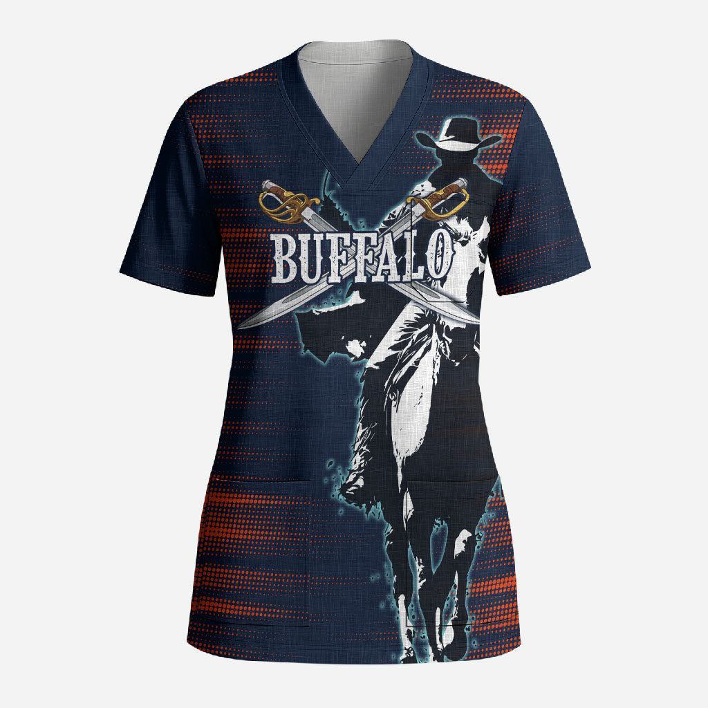 Buffalo Soldiers Fierce And Fearless Cavalry Scrub Top Half Face Soldier And Bison Halftone Graphic Art