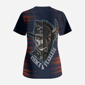 Buffalo Soldiers Fierce And Fearless Cavalry Scrub Top Half Face Soldier And Bison Halftone Graphic Art