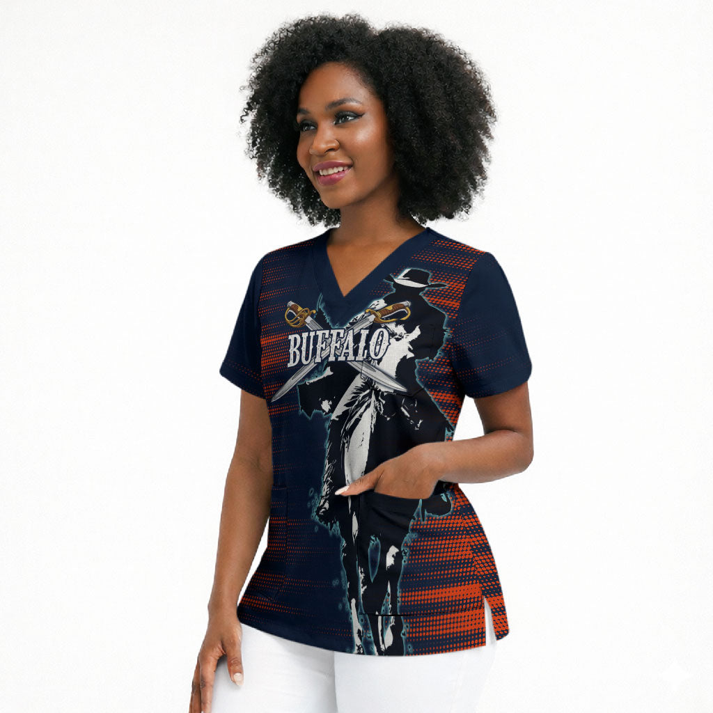 Buffalo Soldiers Fierce And Fearless Cavalry Scrub Top Half Face Soldier And Bison Halftone Graphic Art