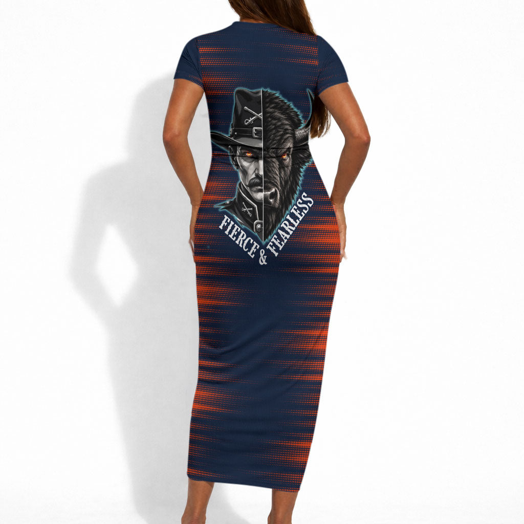 Buffalo Soldiers Fierce And Fearless Cavalry Short Sleeve Bodycon Dress Half Face Soldier And Bison Halftone Graphic Art