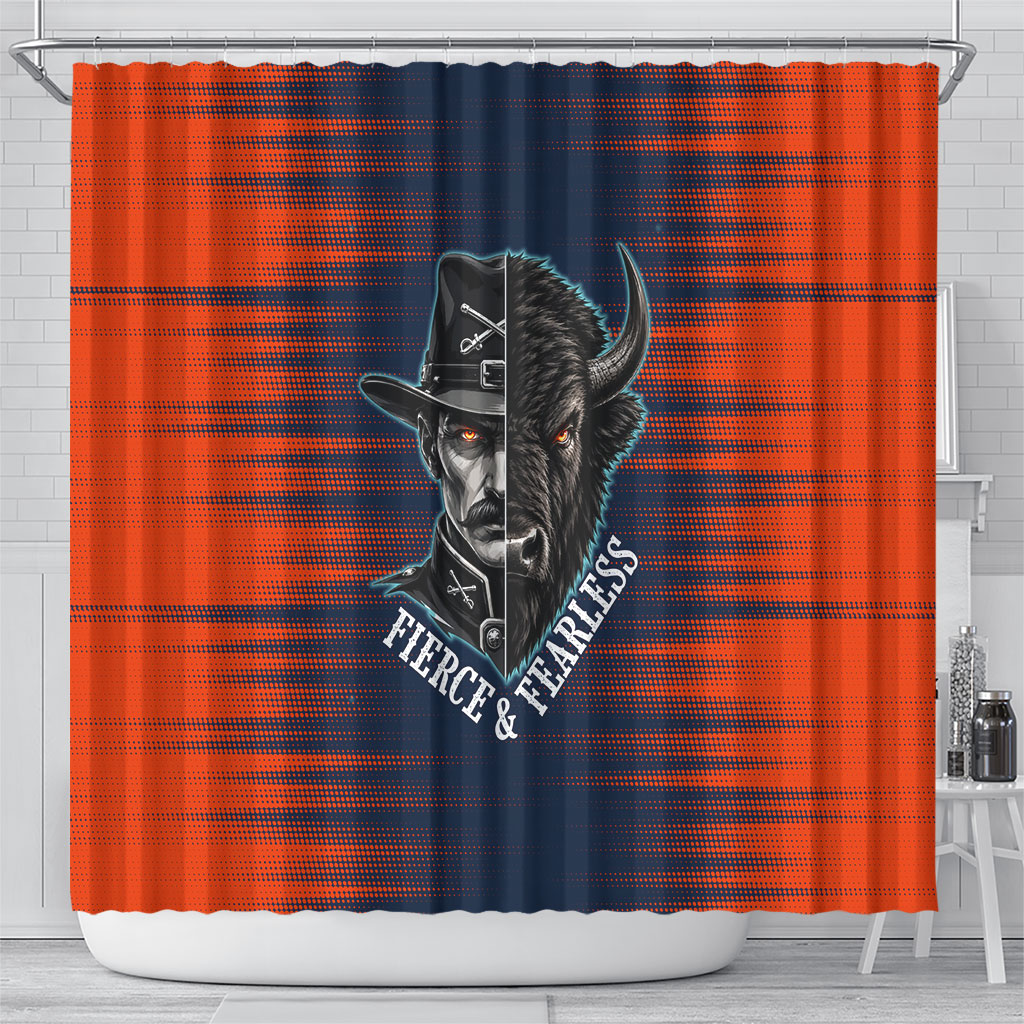 Buffalo Soldiers Fierce And Fearless Cavalry Shower Curtain Half Face Soldier And Bison Halftone Graphic Art