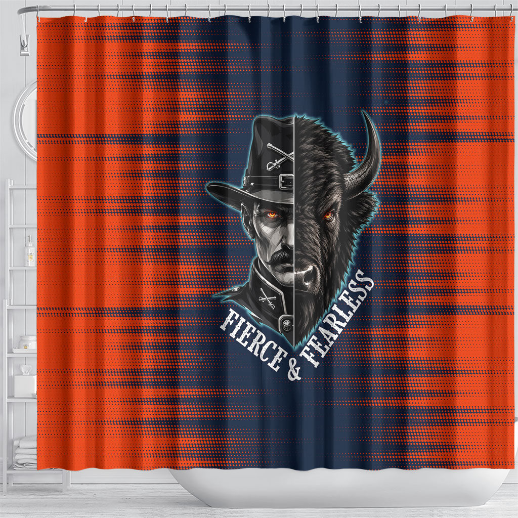Buffalo Soldiers Fierce And Fearless Cavalry Shower Curtain Half Face Soldier And Bison Halftone Graphic Art
