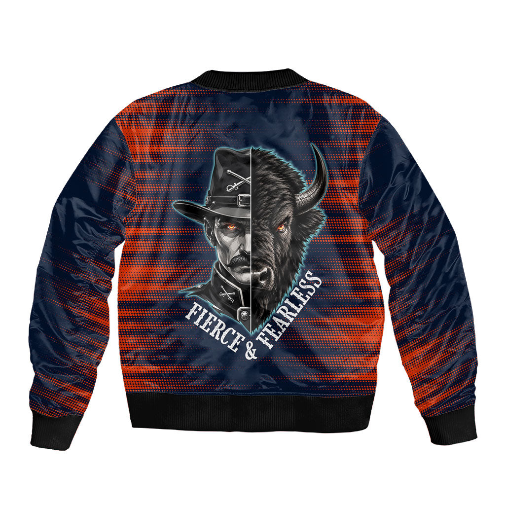 Buffalo Soldiers Fierce And Fearless Cavalry Sleeve Zip Bomber Jacket Half Face Soldier And Bison Halftone Graphic Art