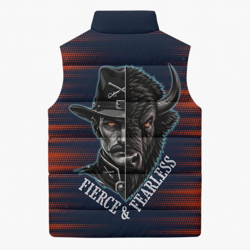 Buffalo Soldiers Fierce And Fearless Cavalry Sleeveless Puffer Jacket Half Face Soldier And Bison Halftone Graphic Art