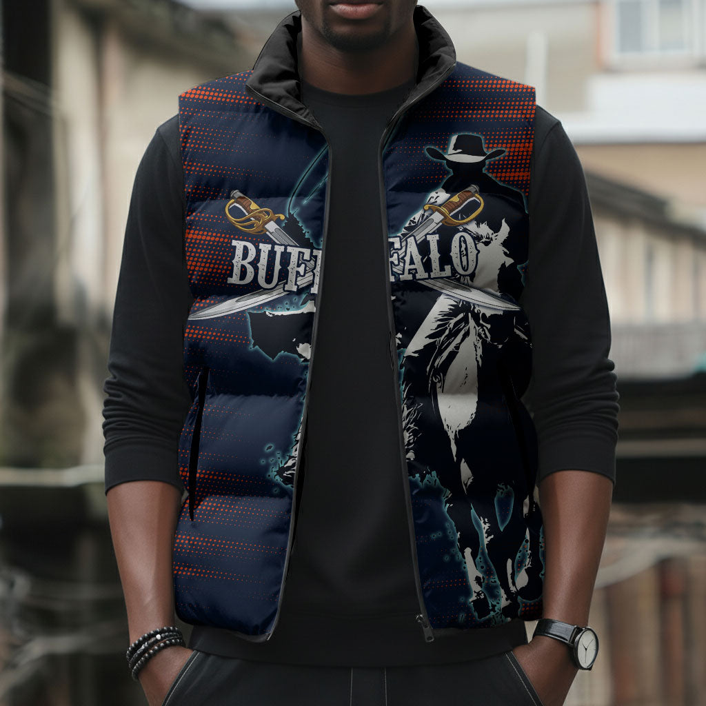 Buffalo Soldiers Fierce And Fearless Cavalry Sleeveless Puffer Jacket Half Face Soldier And Bison Halftone Graphic Art