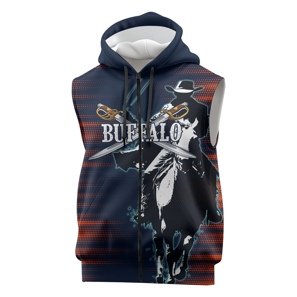 Buffalo Soldiers Fierce And Fearless Cavalry Sleeveless Zip Hoodie Half Face Soldier And Bison Halftone Graphic Art