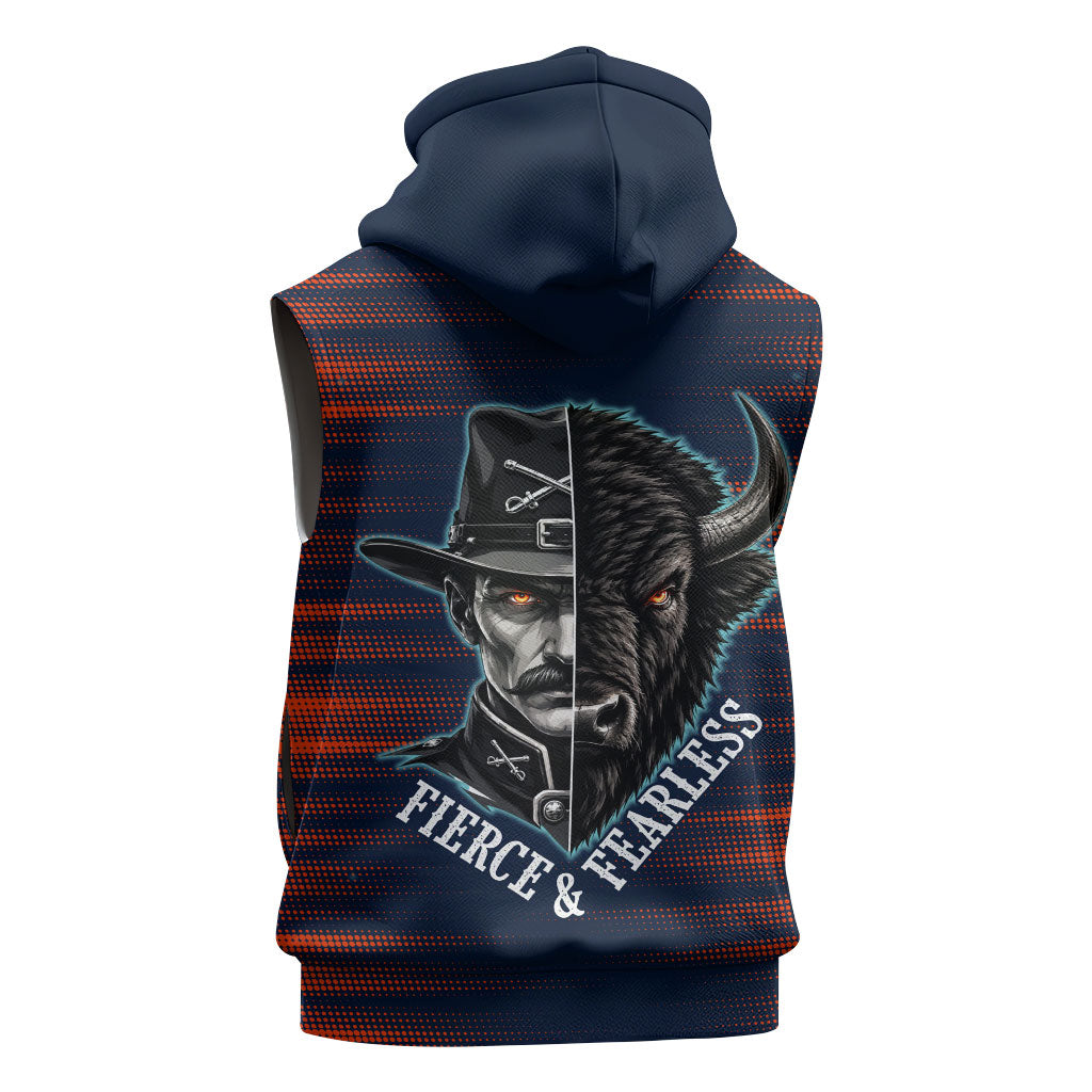 Buffalo Soldiers Fierce And Fearless Cavalry Sleeveless Zip Hoodie Half Face Soldier And Bison Halftone Graphic Art