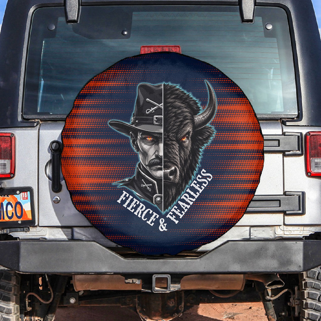 Buffalo Soldiers Fierce And Fearless Cavalry Spare Tire Cover Half Face Soldier And Bison Halftone Graphic Art